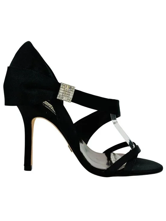Badgley Mischka Black Satin Rhinestone Bow Heels 6 | dOrsay Formal Evening Shoes - Picture 5 of 16